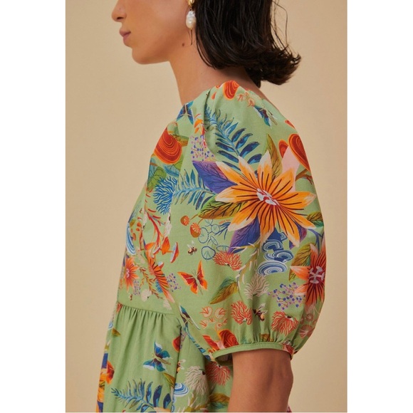 FARM Rio NWT bright yard Green Floral Puff-Sleeve Square-Neck Mini Dress - Picture 4 of 5